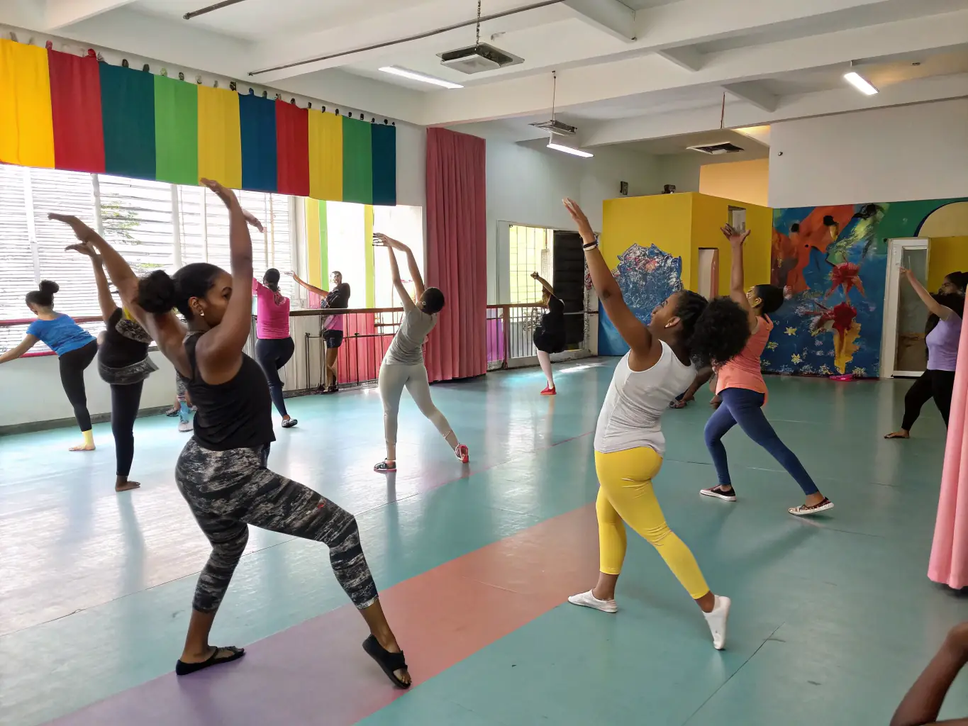 A vibrant image of a dance workshop in progress, with participants of various ages and backgrounds engaged in learning new dance moves, reflecting the inclusive nature of AGEND'ARTS' programs.