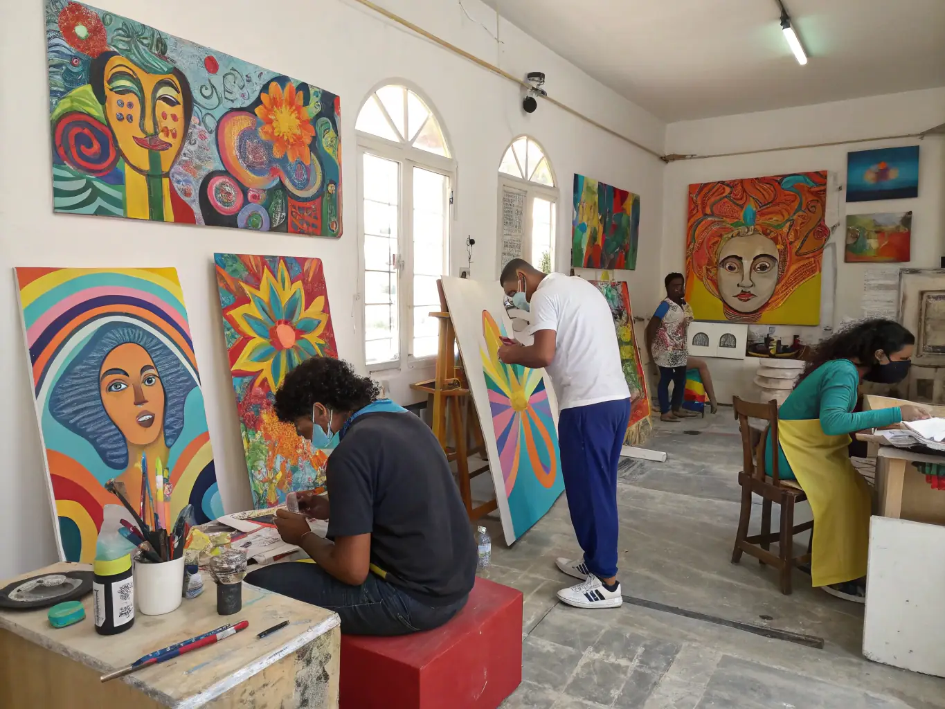 A visually appealing image of young artists participating in a residency program, working on their craft and receiving guidance from experienced mentors.