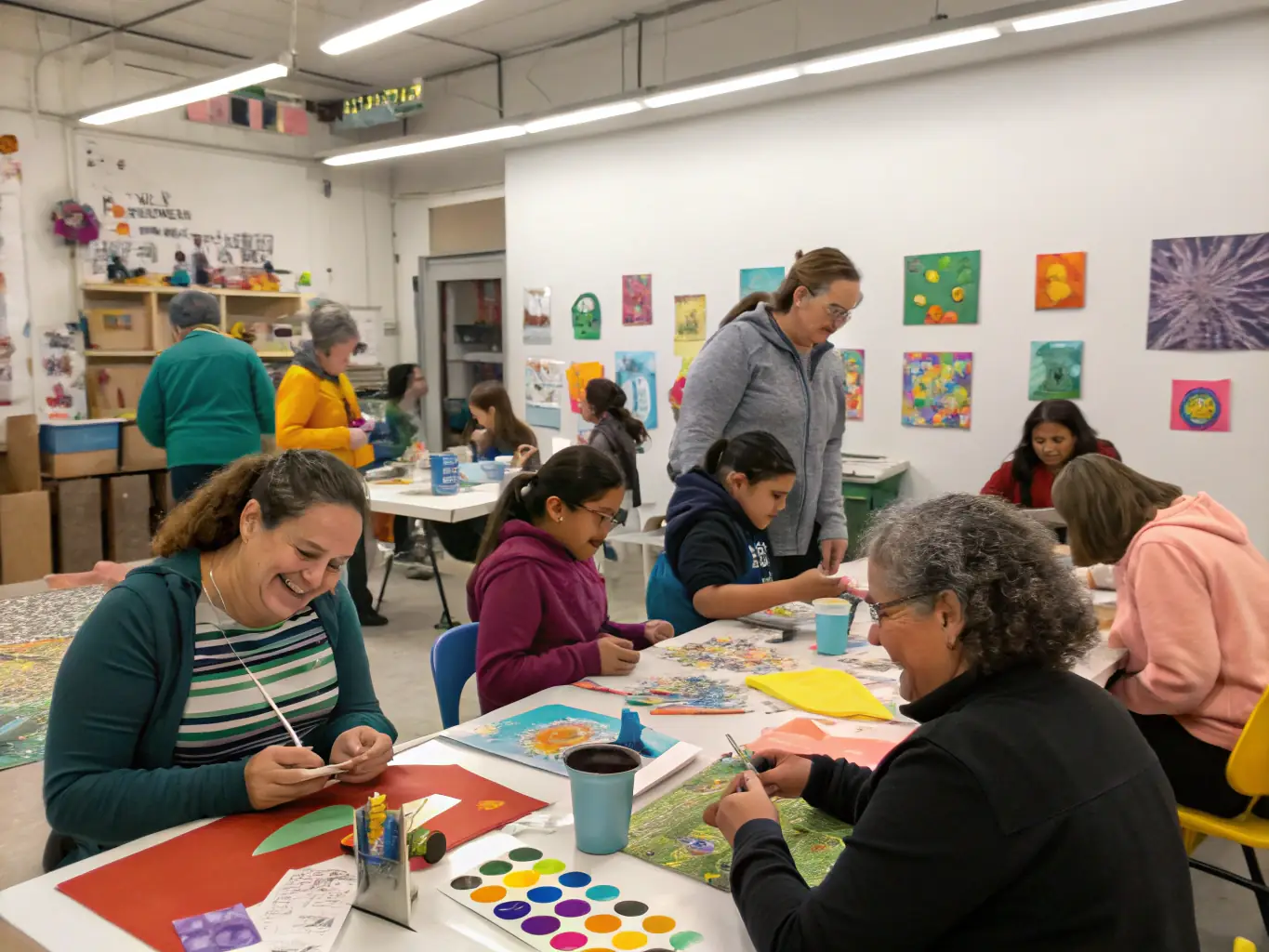 A photograph of a community theater workshop in progress, with participants actively engaged in creative activities and collaborative exercises.