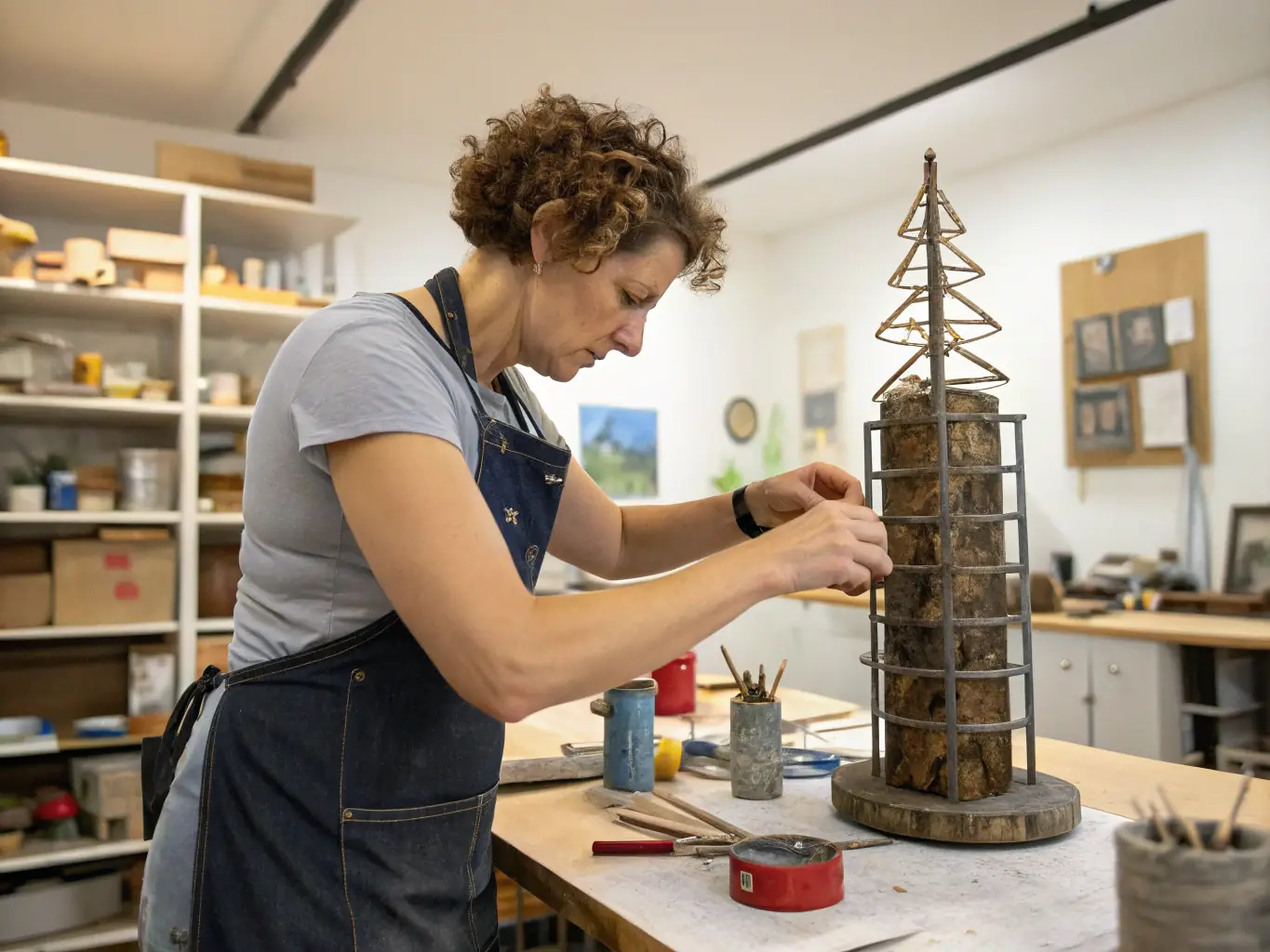 A focused image of a young artist working on a sculpture in a studio setting, surrounded by art supplies and tools, representing the Youth Arts Residency program at AGEND'ARTS.