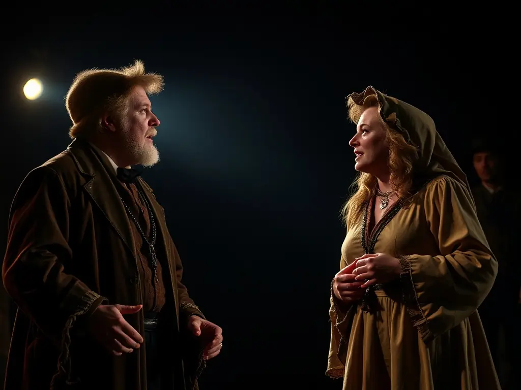 A photograph capturing a scene from a community theater performance, showcasing actors on stage with expressive lighting and costumes, highlighting AGEND'ARTS' commitment to community engagement.