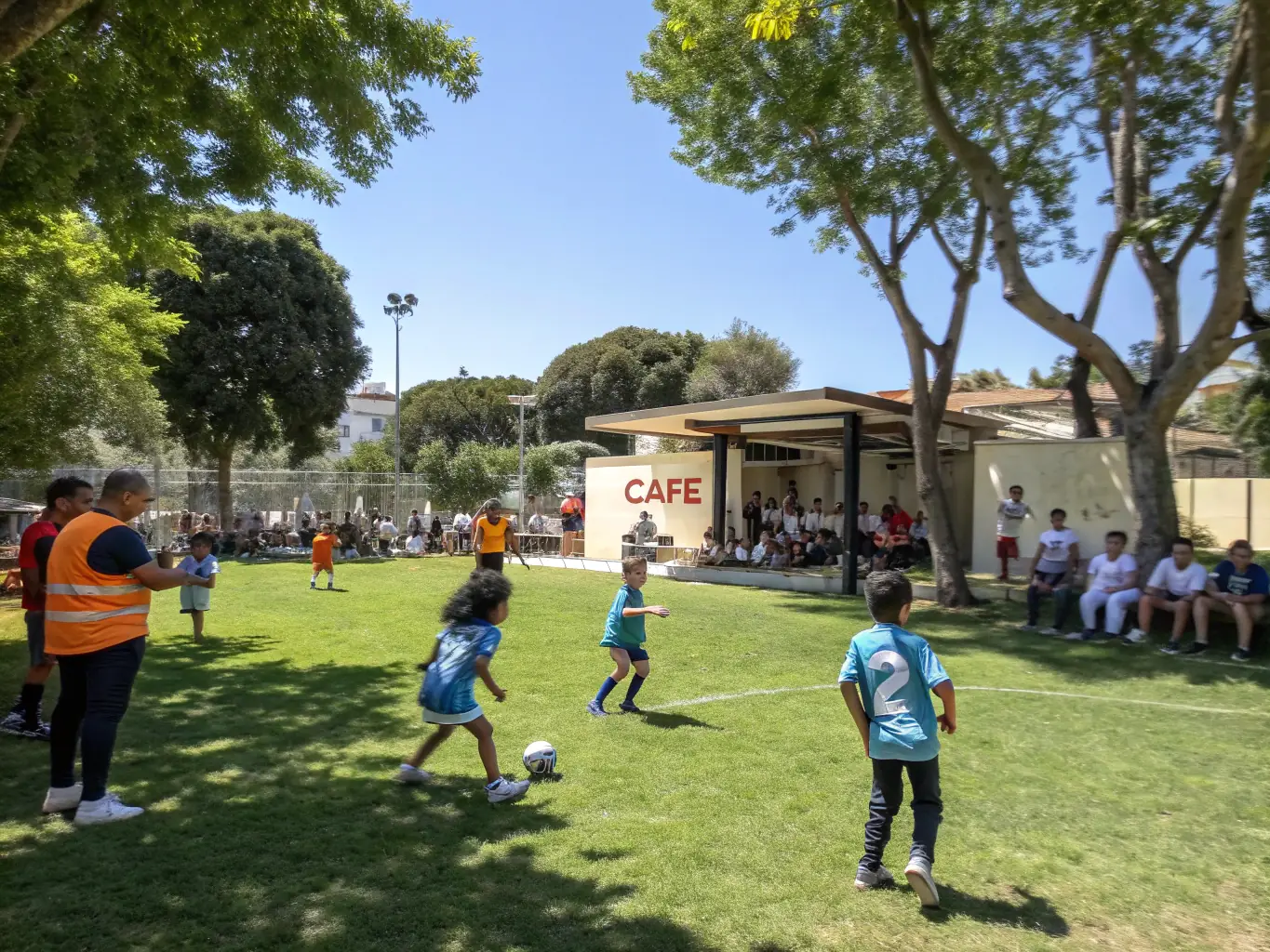 A vibrant image of children playing soccer in a local park, showcasing the community sports program offered by ASS UNION SPORTIVE DU CHATELET EN BRIE.