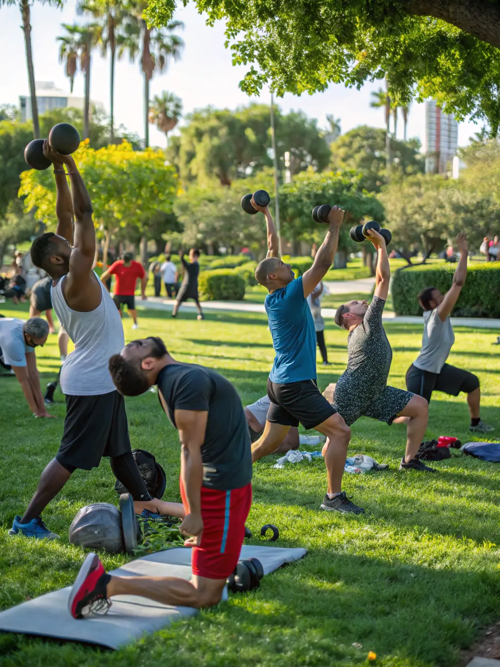 A motivating picture of a group fitness class in a park, with participants of different ages and fitness levels exercising together.