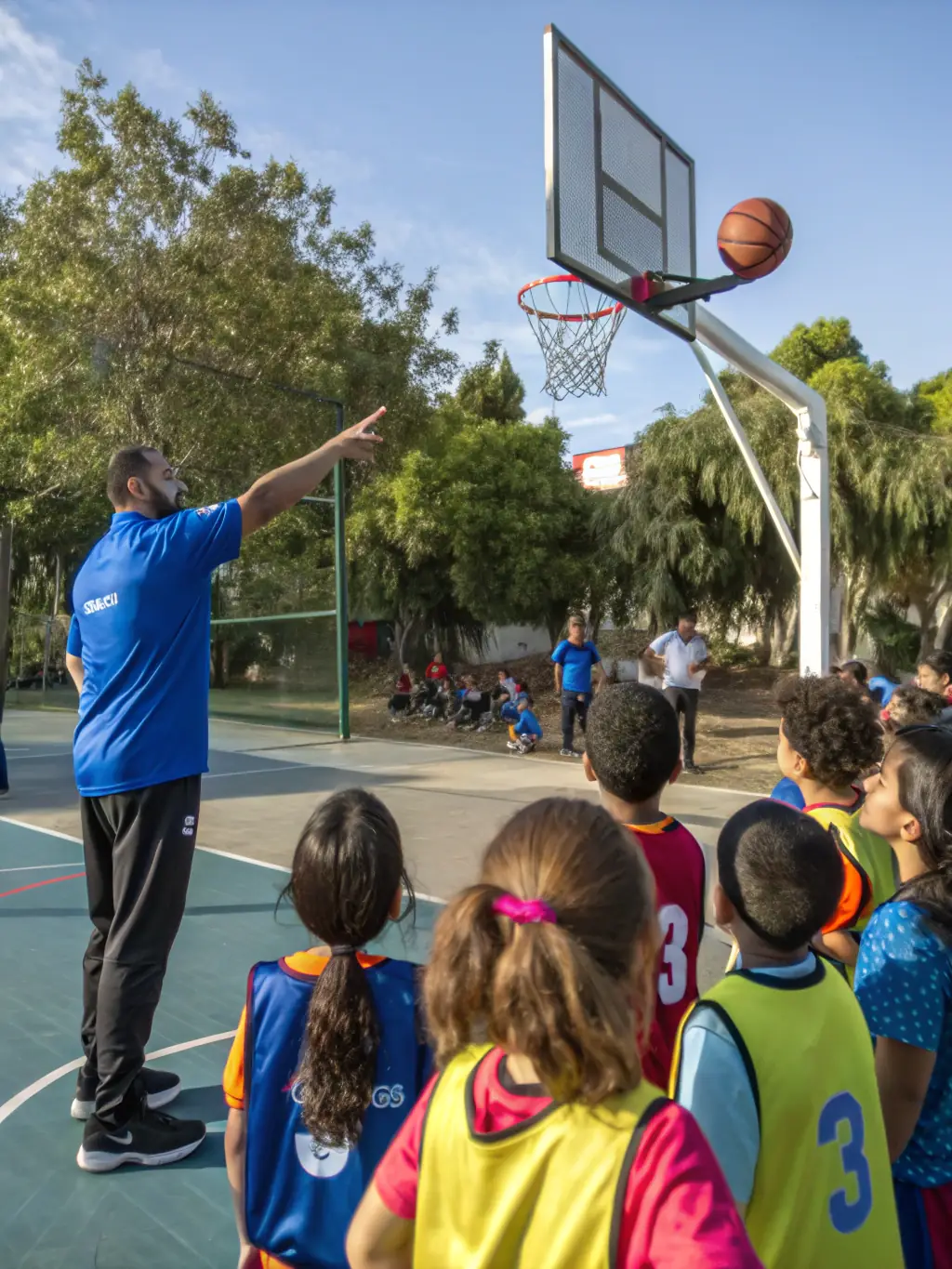 An energetic photo of a basketball clinic with diverse participants, showcasing skill-building exercises and enthusiastic coaches.
