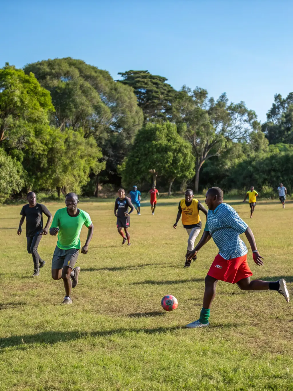 A dynamic image showing children and adults participating in a soccer game in a local park, emphasizing teamwork and community spirit.