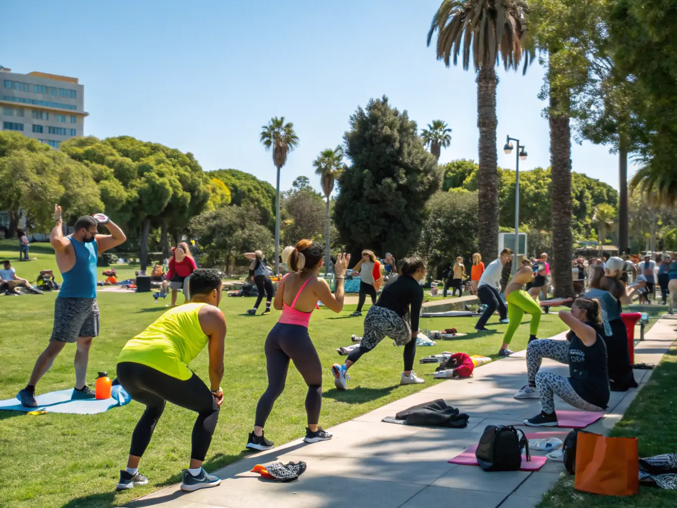 A group of people participating in a fitness class outdoors, demonstrating the fitness activities provided by ASS UNION SPORTIVE DU CHATELET EN BRIE.
