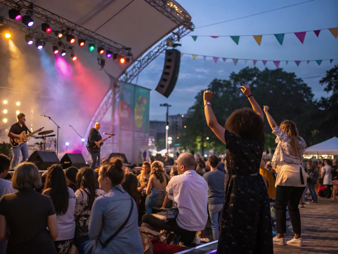 A dynamic image showcasing a community event organized by Strict Hip-Hop, featuring live music, dance performances, and interactive art installations, with diverse attendees enjoying the festivities.