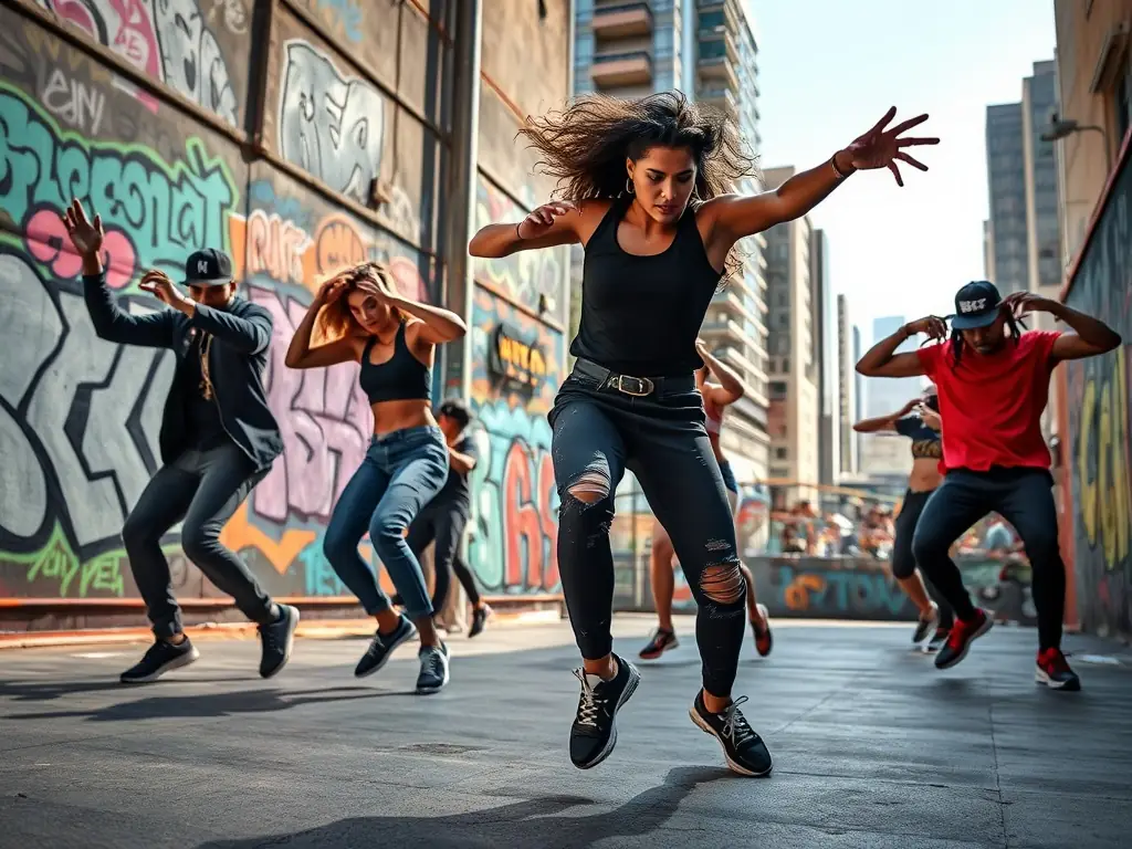 A vibrant photograph capturing a Hip-Hop dance workshop in progress, with diverse participants actively engaged in learning new moves, set in a community center with colorful graffiti art in the background.