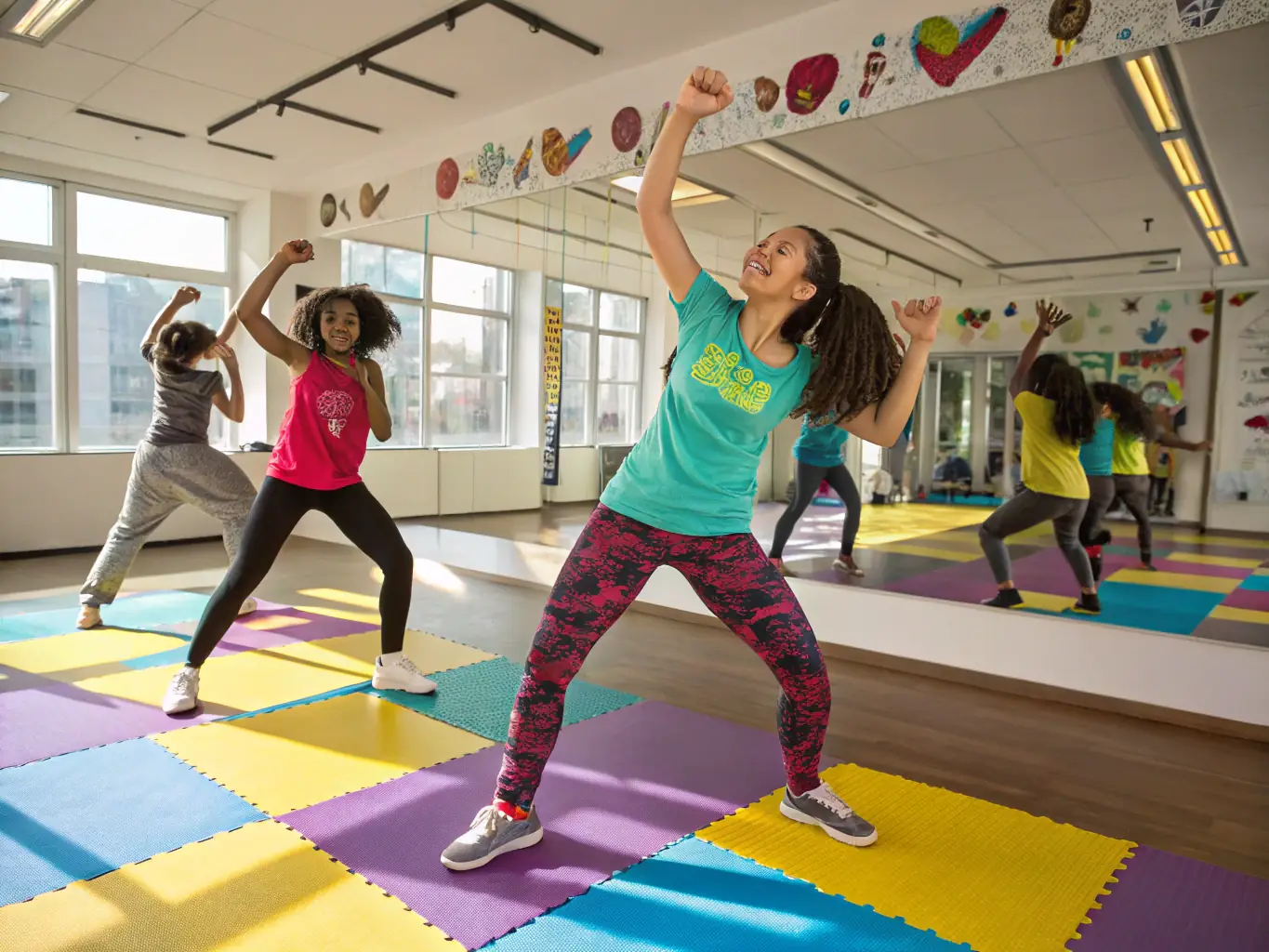 A dynamic image of a hip-hop dance class in session, with diverse participants of all ages and skill levels, set in a brightly lit studio with mirrors and a positive atmosphere.
