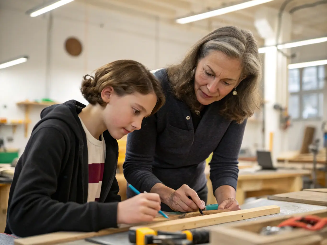A focused shot of a youth mentorship program session, where a mentor is guiding a young participant in developing their artistic skills, with a supportive and encouraging atmosphere.